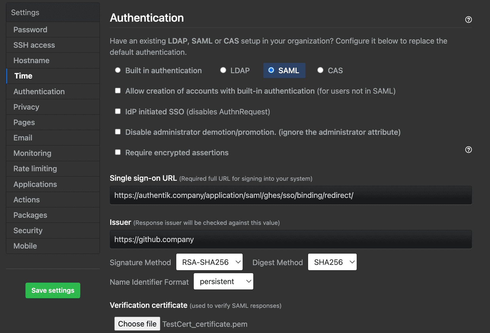 Populated GitHub Enterprise Server SAML settings